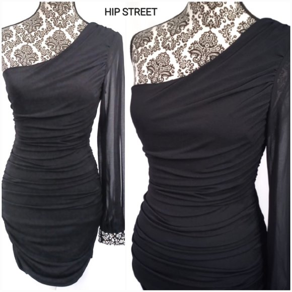 CITY TRIANGLES One Shoulder LS Jeweled Cuff Bodycon Drape Stretch Party Dress M - Picture 1 of 6